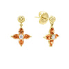 Crafted from 18K gold, mixed cut orange diamonds surround a brilliant cut round diamond to form these drop earrings.