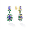 Featuring the enchanting beauty of tanzanite and tsavorite garnets. Each earring is designed with captivating pear-shaped tanzanite, known for its dazzling violet-blue hue. Surrounding the tanzanite are brilliant round diamonds creating a radiant hal