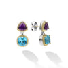 Caviar beaded 18k gold and smooth sterling silver are complimented with a pop of color from amethyst and swiss blue topaz gemstones to form these drop earrings.