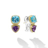 Caviar beaded 18k gold and smooth sterling silver are complimented with a pop of color from amethyst and swiss blue topaz gemstones to form these omega clip stud earrings.