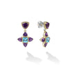 18k gold Caviar beading and smooth sterling silver are complimented with a pop of color from amethyst and swiss blue topaz gemstones to form these floral motif drop earrings.