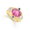 Baguette diamonds, an oval shaped pink tourmaline gemstone, and blue sapphires are set in smooth 18k gold to form this unique ring. LAGOS diamonds are the highest quality natural stones.