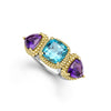 Cushion cut swiss blue topaz and amethyst gemstones are set in Caviar beaded 18k gold and smooth sterling silver to form this ring.