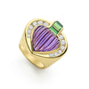 Round diamonds, hand carved fluted amethyst cabochon, chrome tourmaline, and ruby are set in 18k gold to form this statement ring. LAGOS diamonds are the highest quality natural stones.