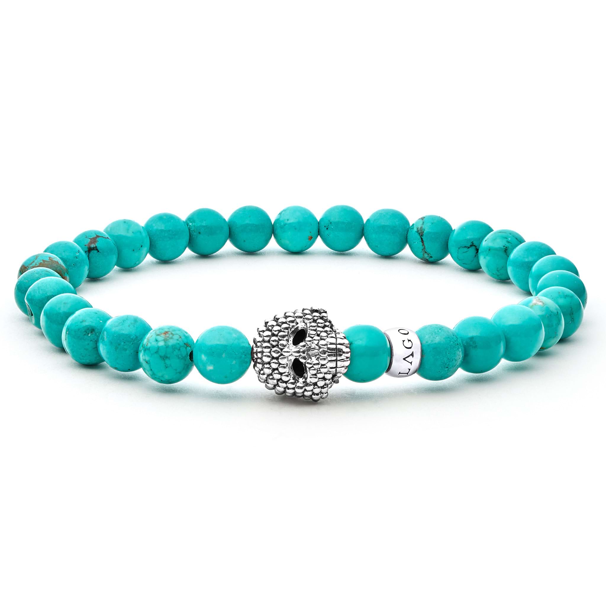 3mm turquoise beaded bracelet with silver skull high quality beads, tag and lobster clasp