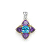 Caviar beaded 18k gold and smooth sterling silver are complimented with a pop of color from amethyst and swiss blue topaz gemstones to form this floral motif pendant.