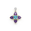 Triangle shaped amethyst gemstones and a cushion-cut swiss blue topaz stone are accented by 18k gold Caviar beading and smooth sterling silver to form this floral motif pendant.